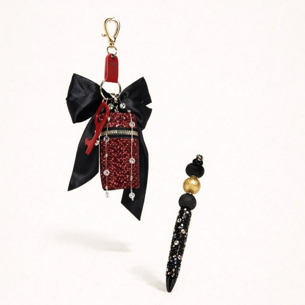 Red Glitter Mini Purse Keychain & Black Sparkle Pen Set
